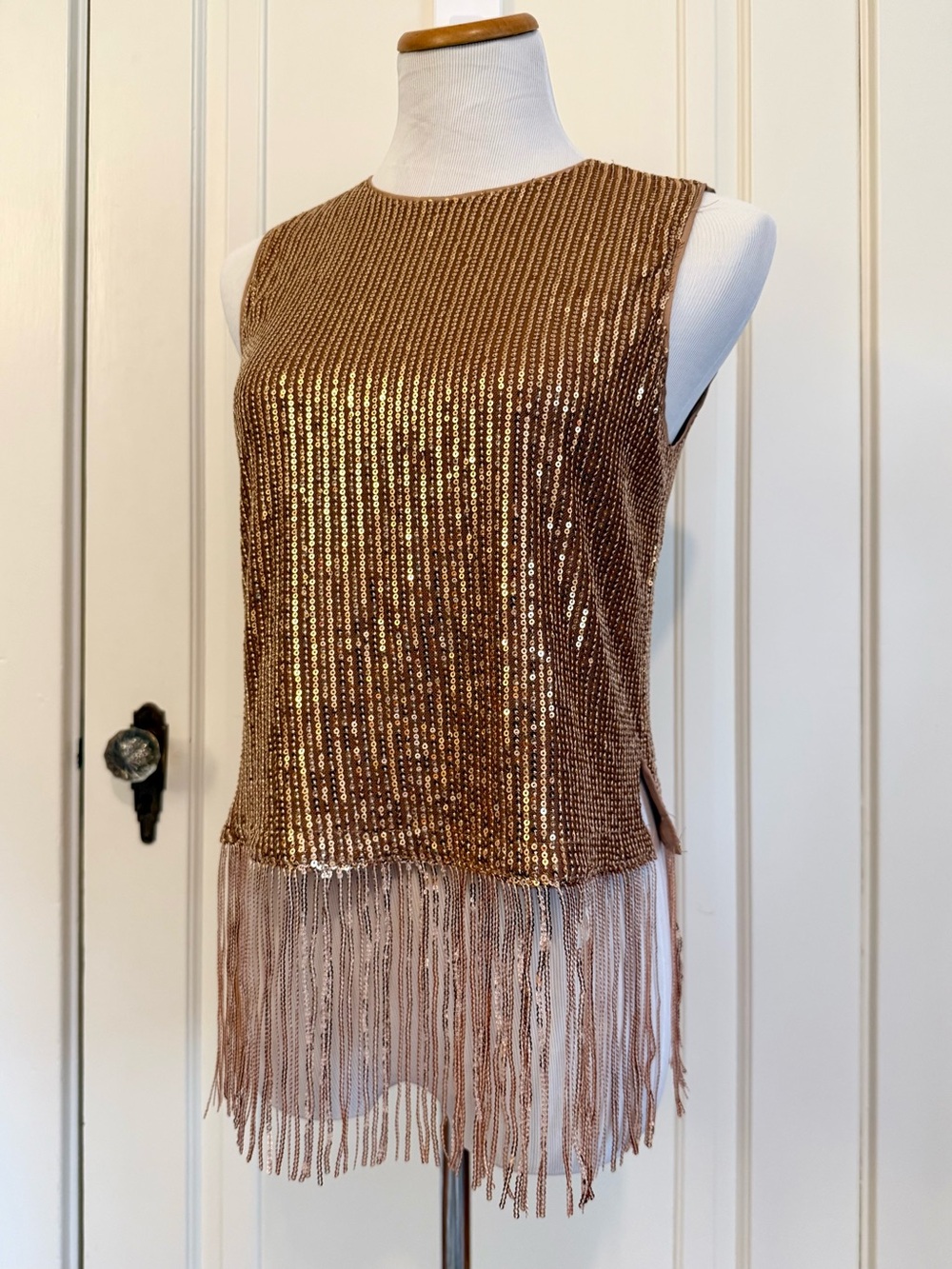 Sequin Fringe Tank Top - Bronze - M